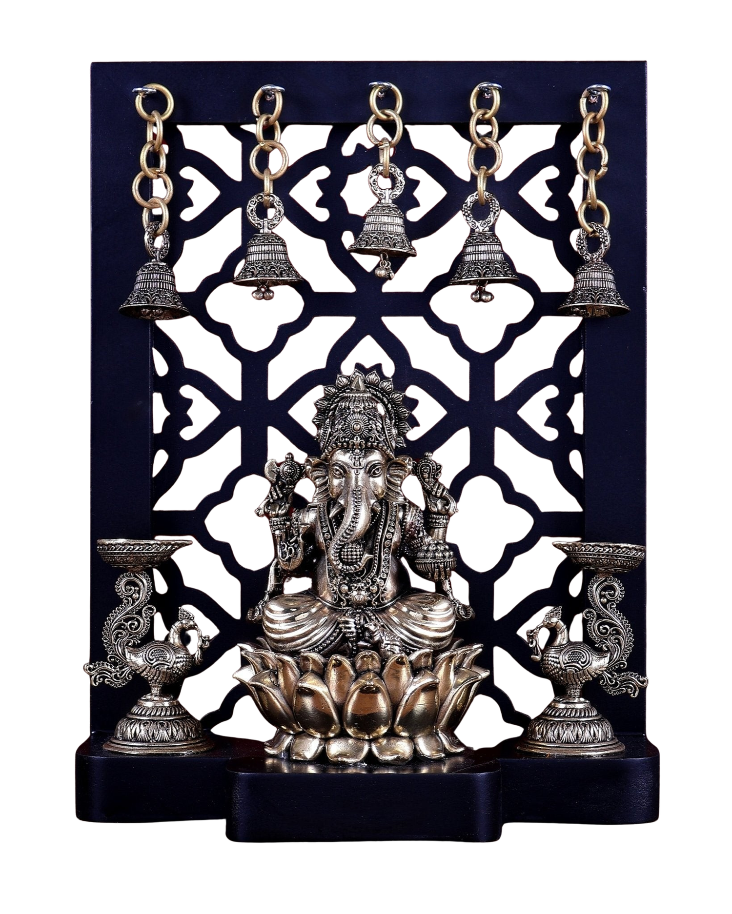 AONA Brass Ganesha on Lotus with Annam Lamps & Hanging Bells