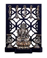Brass Ganesha on lotus with hanging bell lamps and side diya stands, 12 in