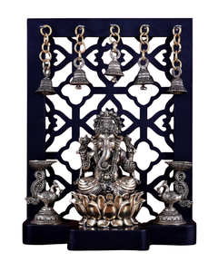 Brass Ganesha on lotus with hanging bell lamps and side diya stands, 12 in