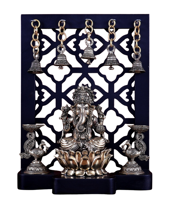 AONA Brass Ganesha on Lotus with Annam Lamps & Hanging Bells