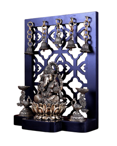 AONA brass Ganesha figurine on lotus base with four hanging bells and side diya lamps