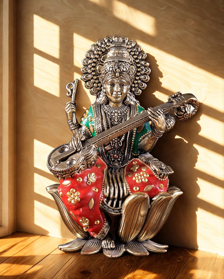 Intricate Superfine Brass Saraswati Idol – 8 Inch Tall | Goddess of Wisdom & Arts (Height :8 Inches)