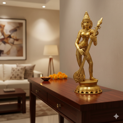 Natural brass standing Saraswati goddess statue holding veena, 17 in
