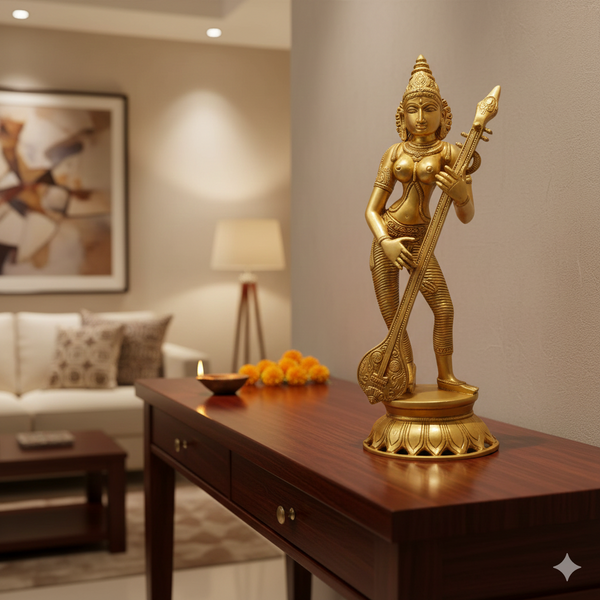 Natural Brass Handmade Standing Goddess Saraswati Statue with Veena height 17 inches Mandir Setting