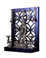 Brass Hanuman Ji idol in carved frame with five hanging bells and oil lamps, 12 in