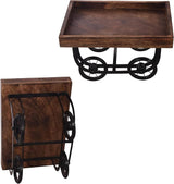 Iron trolley serving tray with rectangular wooden top and black wheel frame, side view.