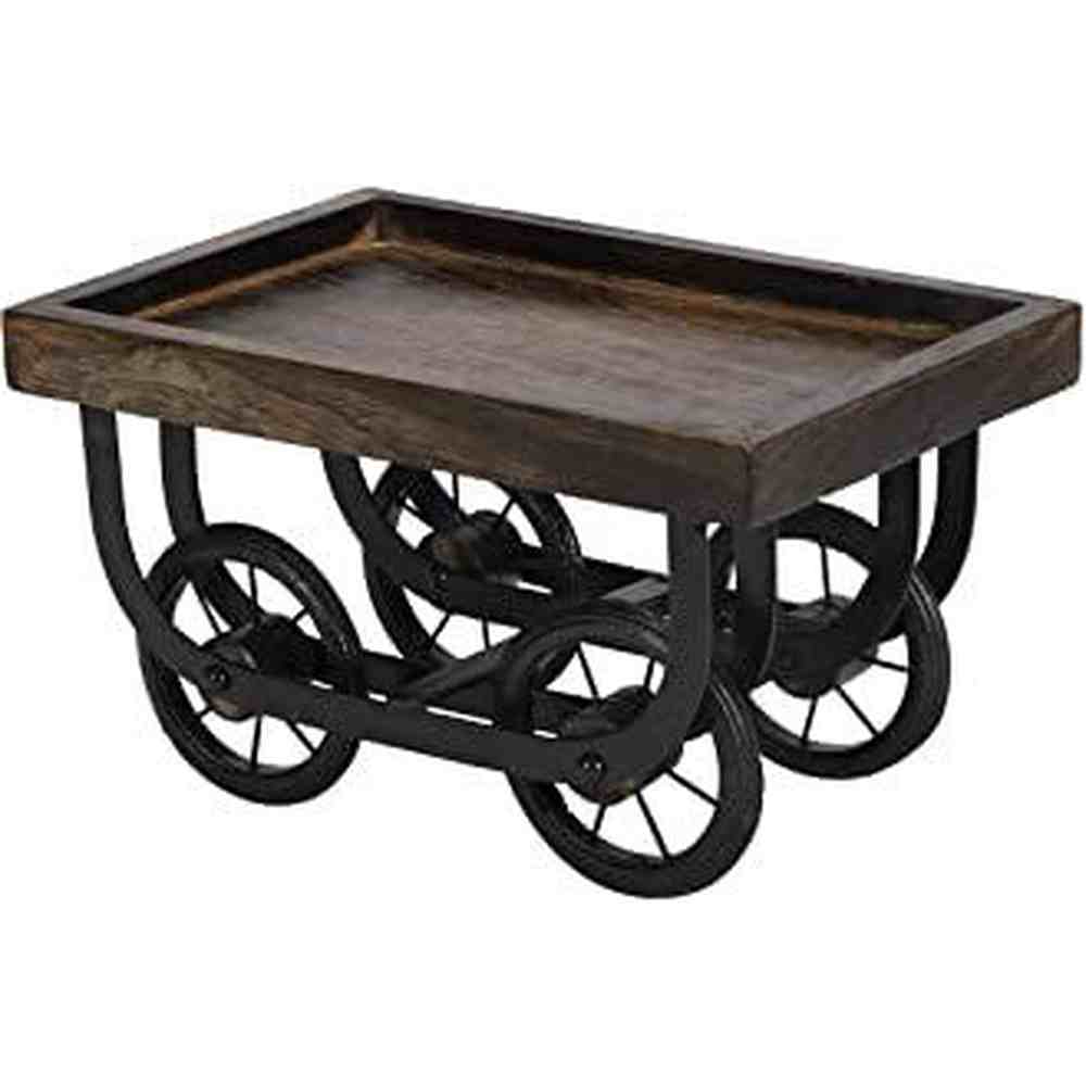 Serving tray cart with dark iron wheels and rectangular wooden top, raised sides (6 in).
