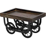 Serving tray cart with dark iron wheels and rectangular wooden top, raised sides (6 in).