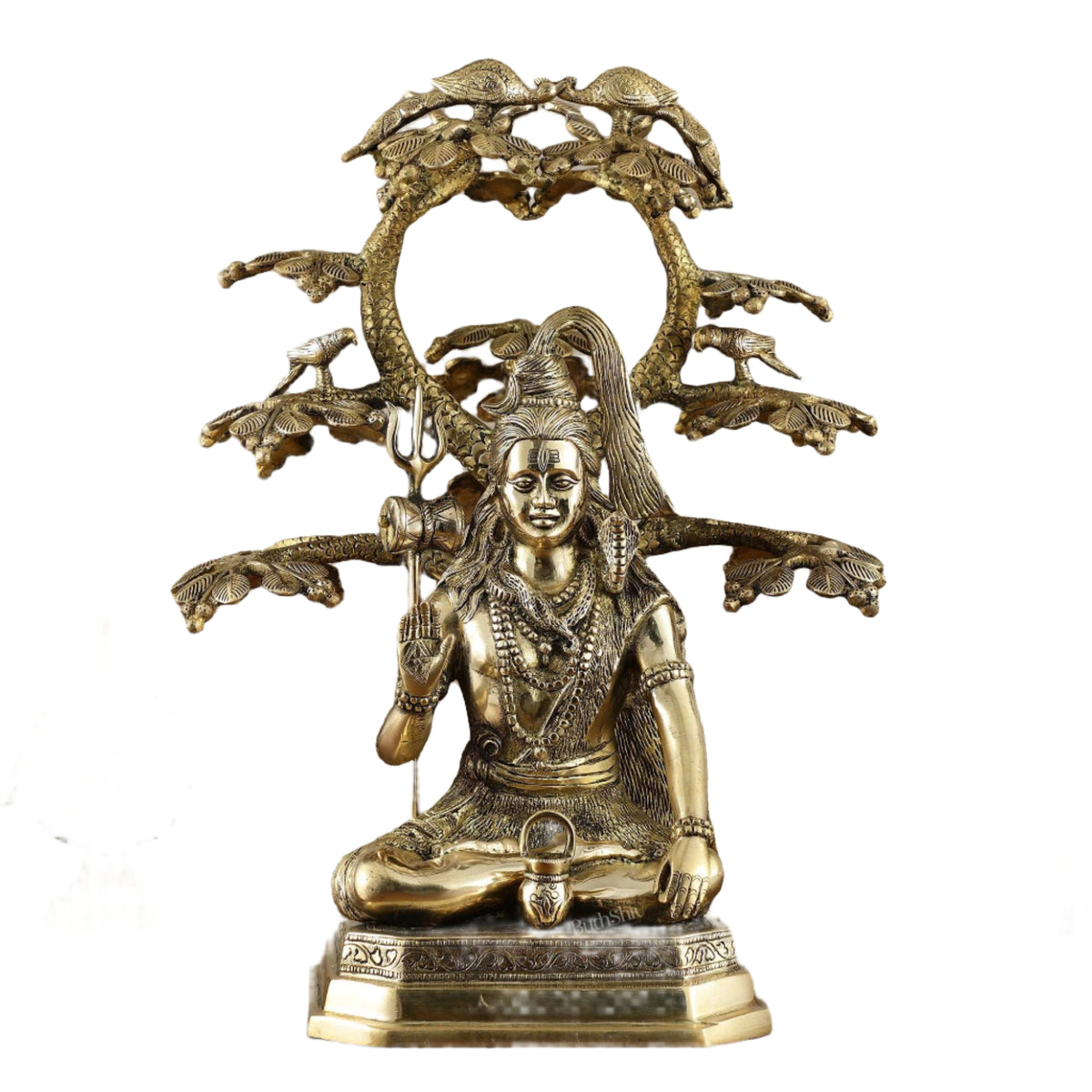 Brass Lord Shiva statue under tree, seated figure with ornate serpent, 19-inch