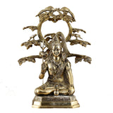 Brass Lord Shiva statue under tree, seated figure with ornate serpent, 19-inch