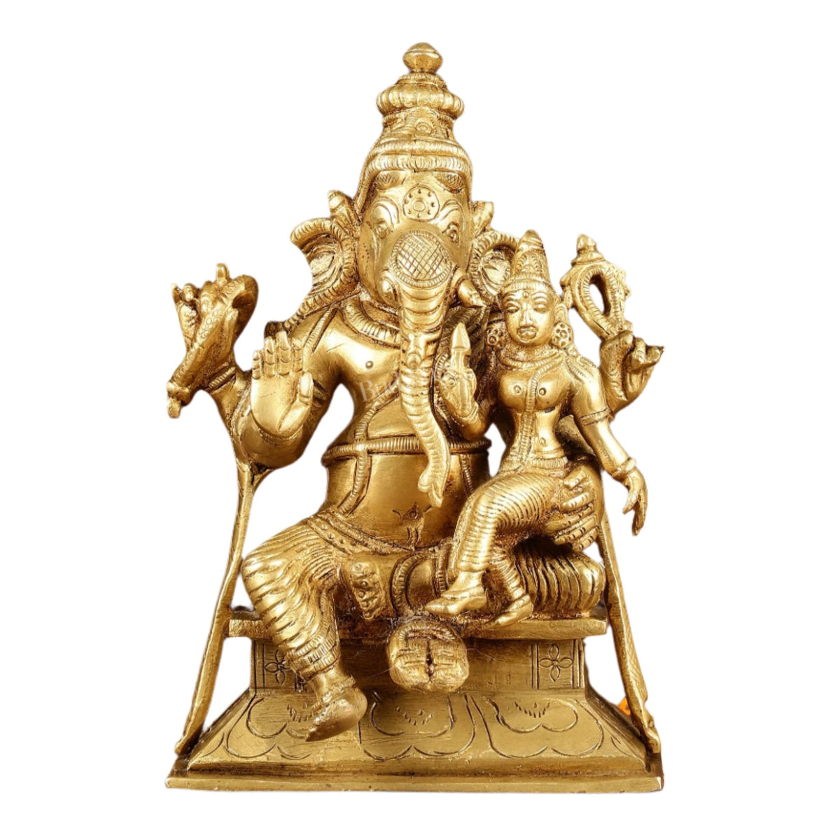 Brass Utchista Ganapati murti with raised hand and detailed pedestal, 7 inch