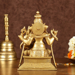 Brass Ganapati murti back view, engraved details and crown on square base