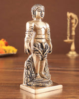 Brass Jain god standing statue, profile view with carved hands and head, 6 inch