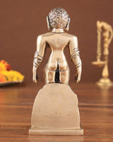 Back view brass Jain standing statue, incised pattern shoulders and arms, square base