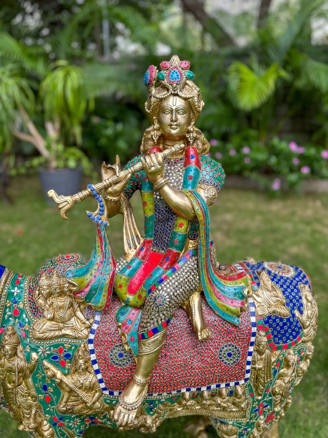 AONA Brass Depiction of Lord Krishna with Kamadhenu and Calf