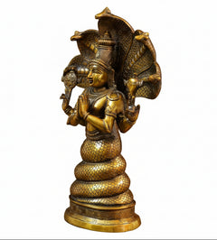 Goldfarbene Messingstatue von Patanjali, Seitenansicht, verzierte Flügel und Arme, 15,5 Zoll