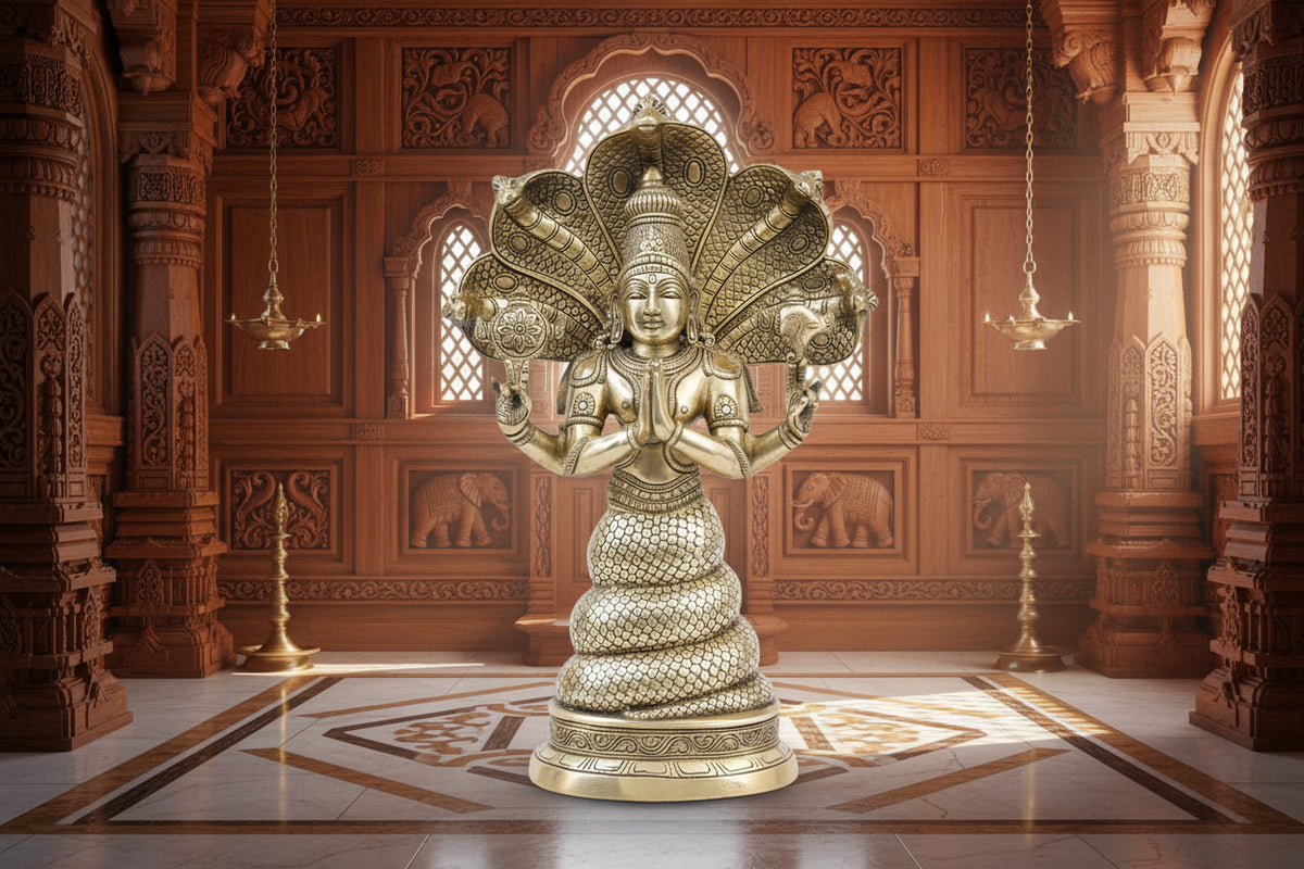 Golden-finish brass Patanjali statue, four-armed deity in ornate crown, 15.5 in