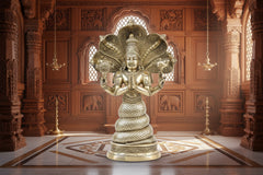 Golden-finish brass Patanjali statue, four-armed deity in ornate crown, 15.5 in