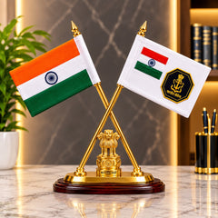 Premium Brass Crossed Indian National & Indian Navy Flags with Ashoka Stambh Desk Décor Set (Height: 12 Inches)
