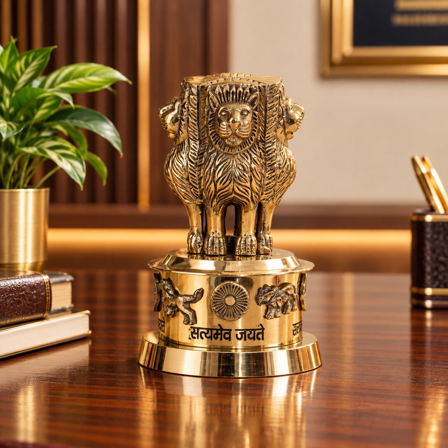 Premium Brass Ashok Stambh (Ashoka Pillar) Showpiece for Office & Institutional Décor (Height: 7 Inches)