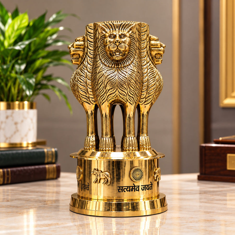 Premium Brass Ashok Stambh (Ashoka Pillar) Showpiece for Office & Institutional Décor (Height: 10 Inches)