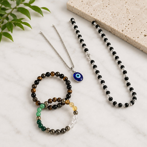 Premium Black Obsidian & Karungali Spiritual Bracelet Set