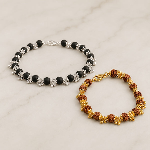 Karungali Floral Silver Bracelet & Gold-Plated Rudraksha Bracelet Set for Women