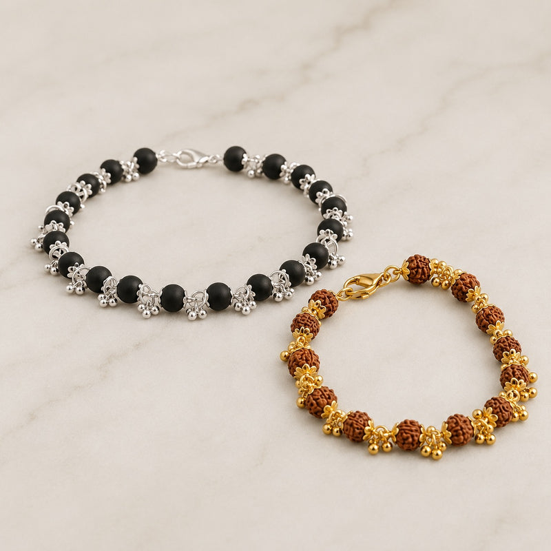 Karungali Floral Silver Bracelet & Gold-Plated Rudraksha Bracelet Set for Women
