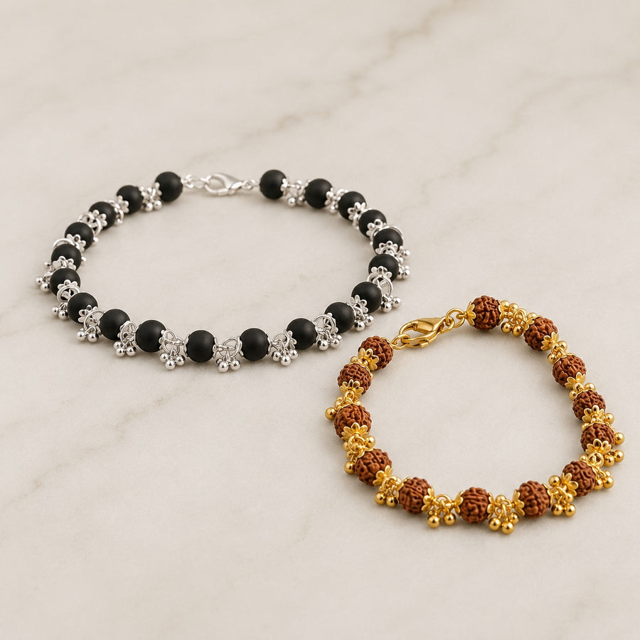Karungali Floral Silver Bracelet & Gold-Plated Rudraksha Bracelet Set for Women