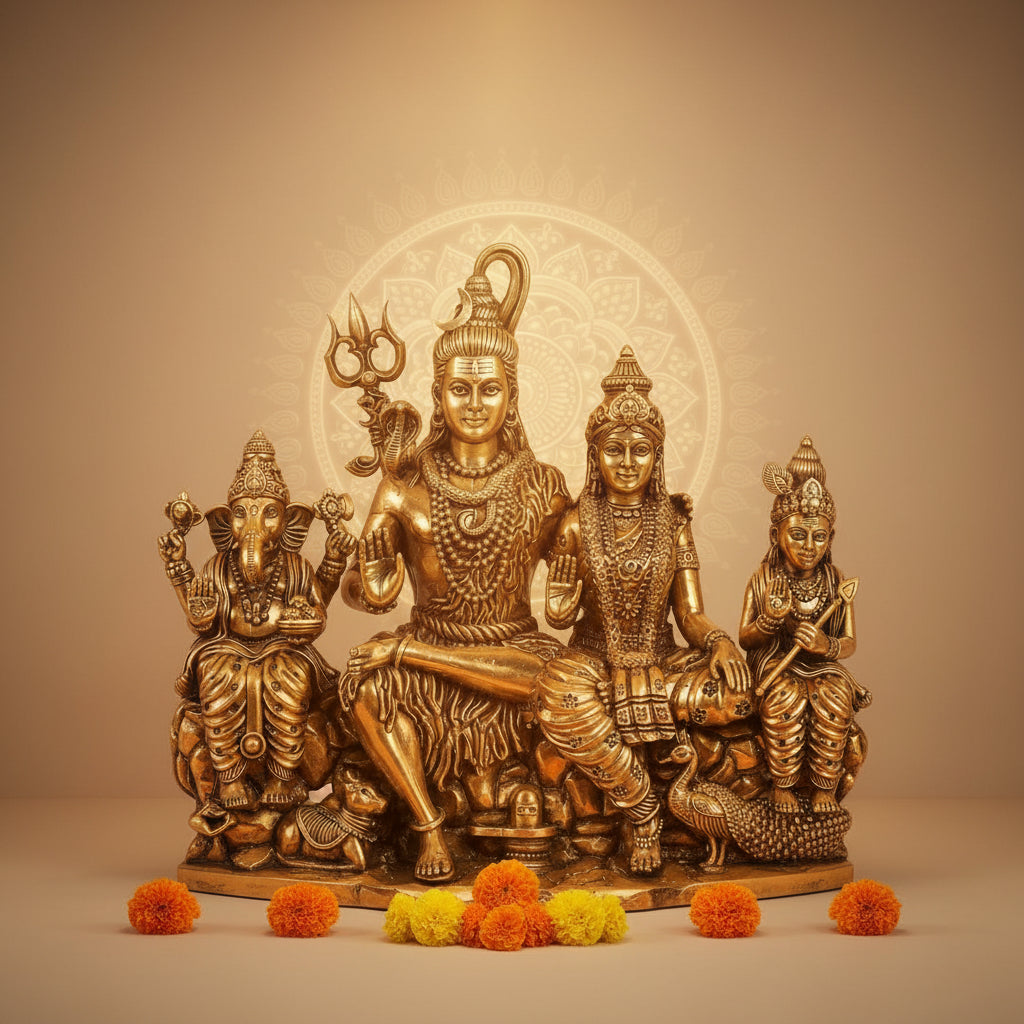 Superfine Brass Shiva Parivar Statue – Sacred Family Idol (Height: 9 Inches)