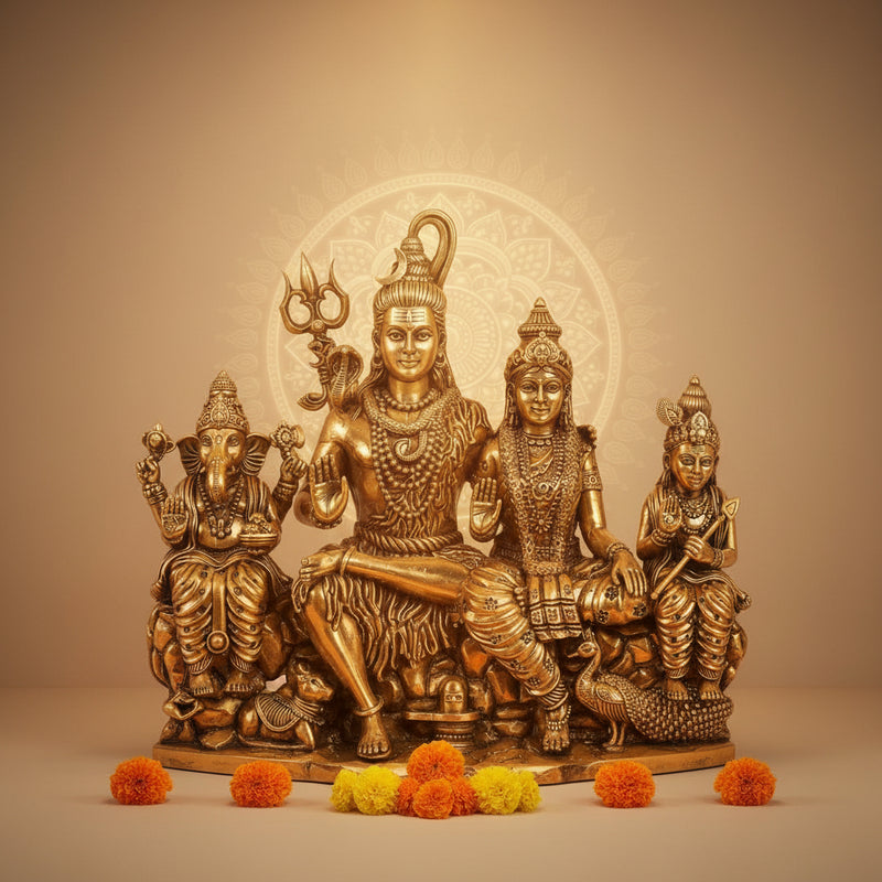 Superfine Brass Shiva Parivar Statue – Sacred Family Idol (Height: 9 Inches)