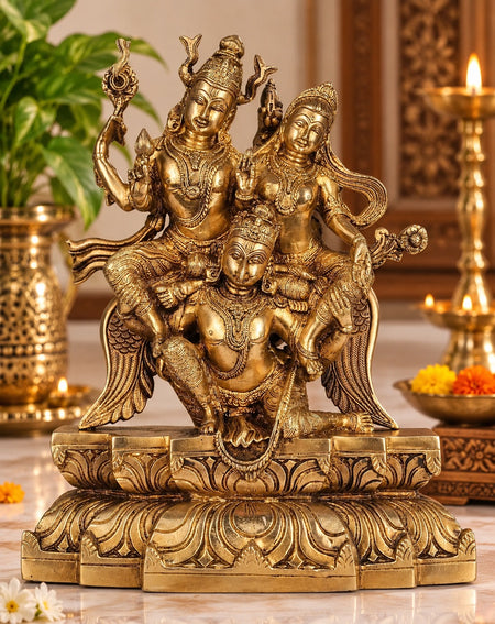 Premium Brass Statue of Lord Vishnu and Goddess Lakshmi Seated on Garuda (Height: 12 Inches)