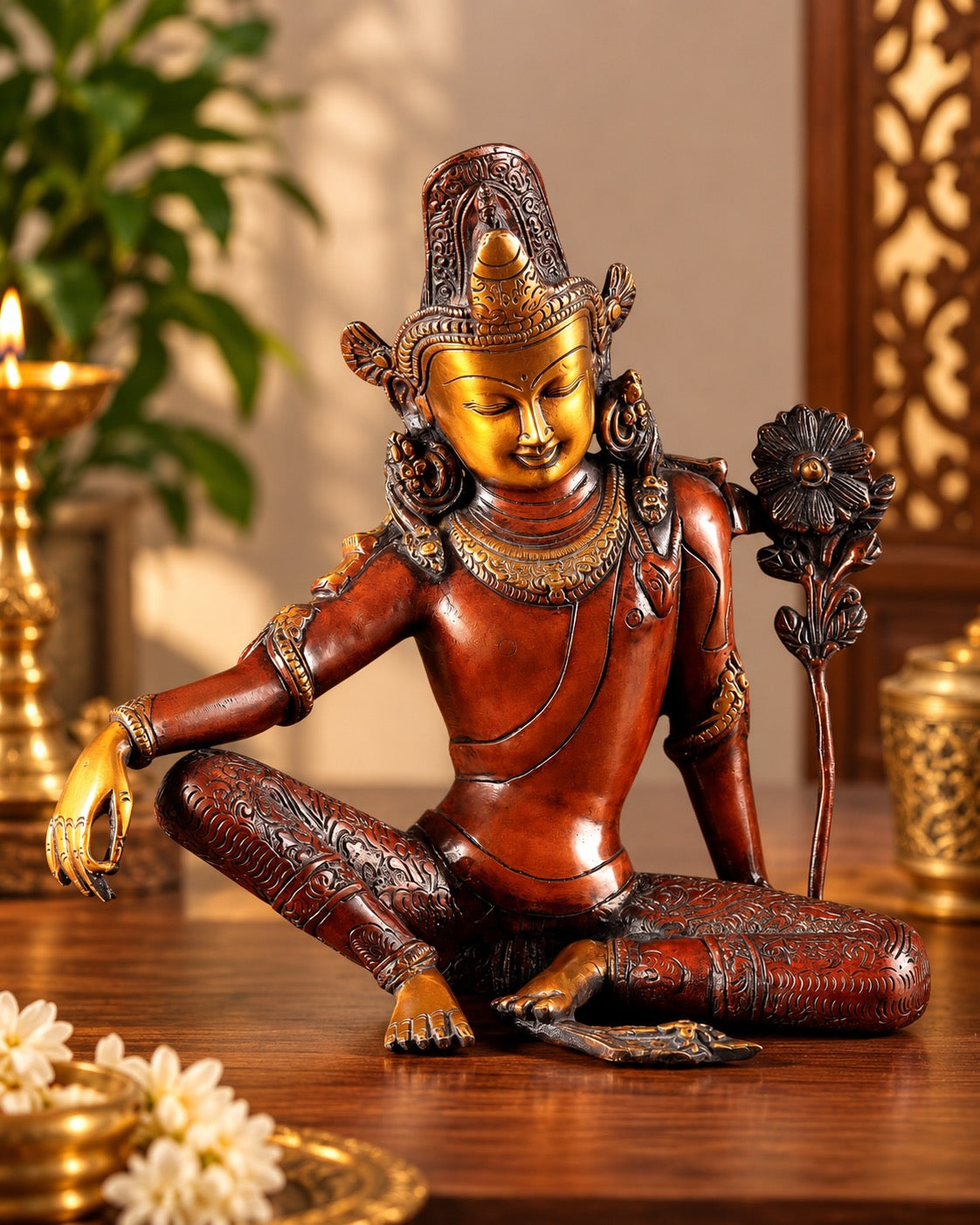 Premium Brass Tibetan Chenrezig (Avalokiteshvara) Bodhisattva Statue (Height: 10.8 Inches)