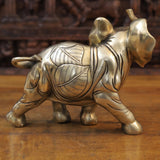 Brass elephant sculpture, 10 in, rear-side view with patterned torso and tail