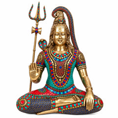 Brass Lord Shiva Idol with Stone Embellishments and Trishul (Height: 19 Inches)