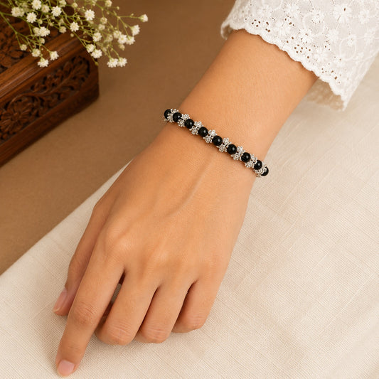 Karungali Beads Bracelet with Floral Silver Accents