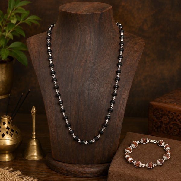 Premium Rudraksha & Karungali Necklace with Silver Cap Bracelet