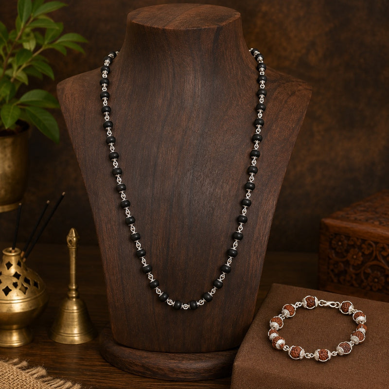 Premium Rudraksha & Karungali Necklace with Silver Cap Bracelet