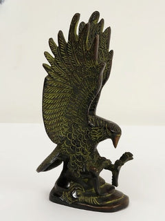 Brass eagle figurine with open wings, talons visible, ornate feather pattern, 8 in