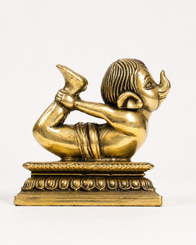 Miniature Pure Brass Baby Ganesha in Meditation Yoga Pose with Base (Height: 4 Inches)