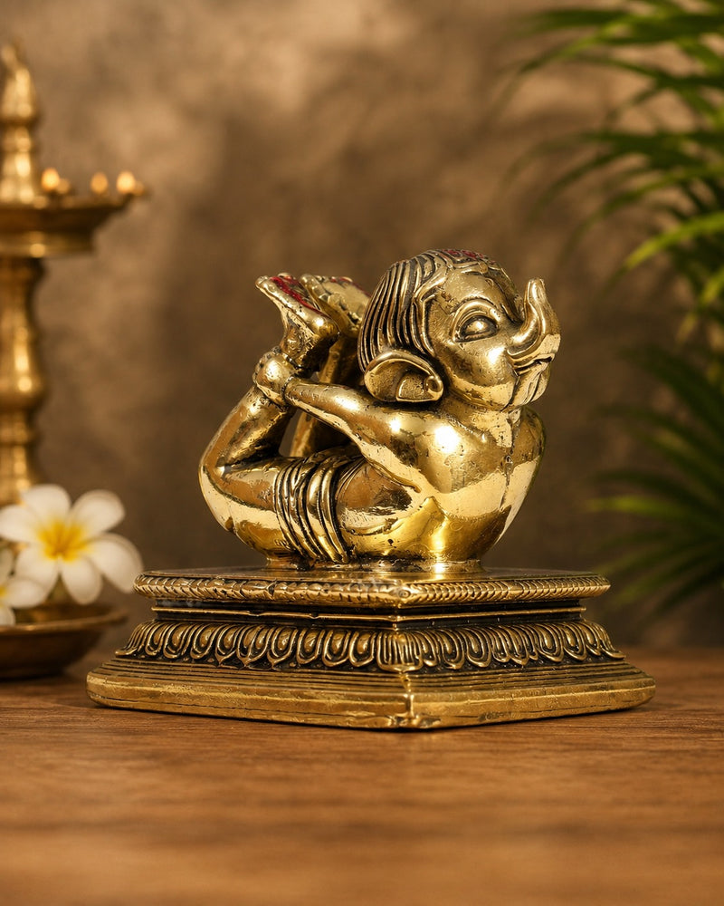 Miniature Pure Brass Baby Ganesha in Meditation Yoga Pose with Base (Height: 4 Inches)