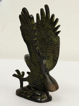 Brass eagle sculpted statue with wings spread high and tail down, detailed base, 8 in