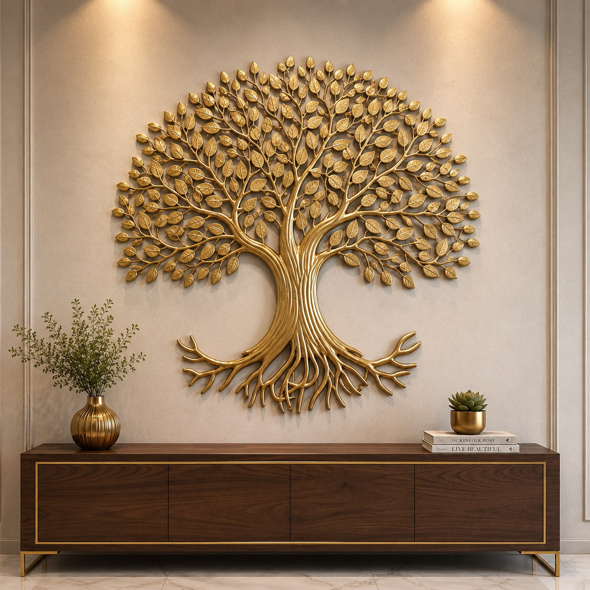 Brass tree of life wall sculpture with detailed branching leaves and roots