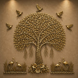Brass Kalpavriksha tree wall decor with small birds and clustered blossoms, ornate gold finish