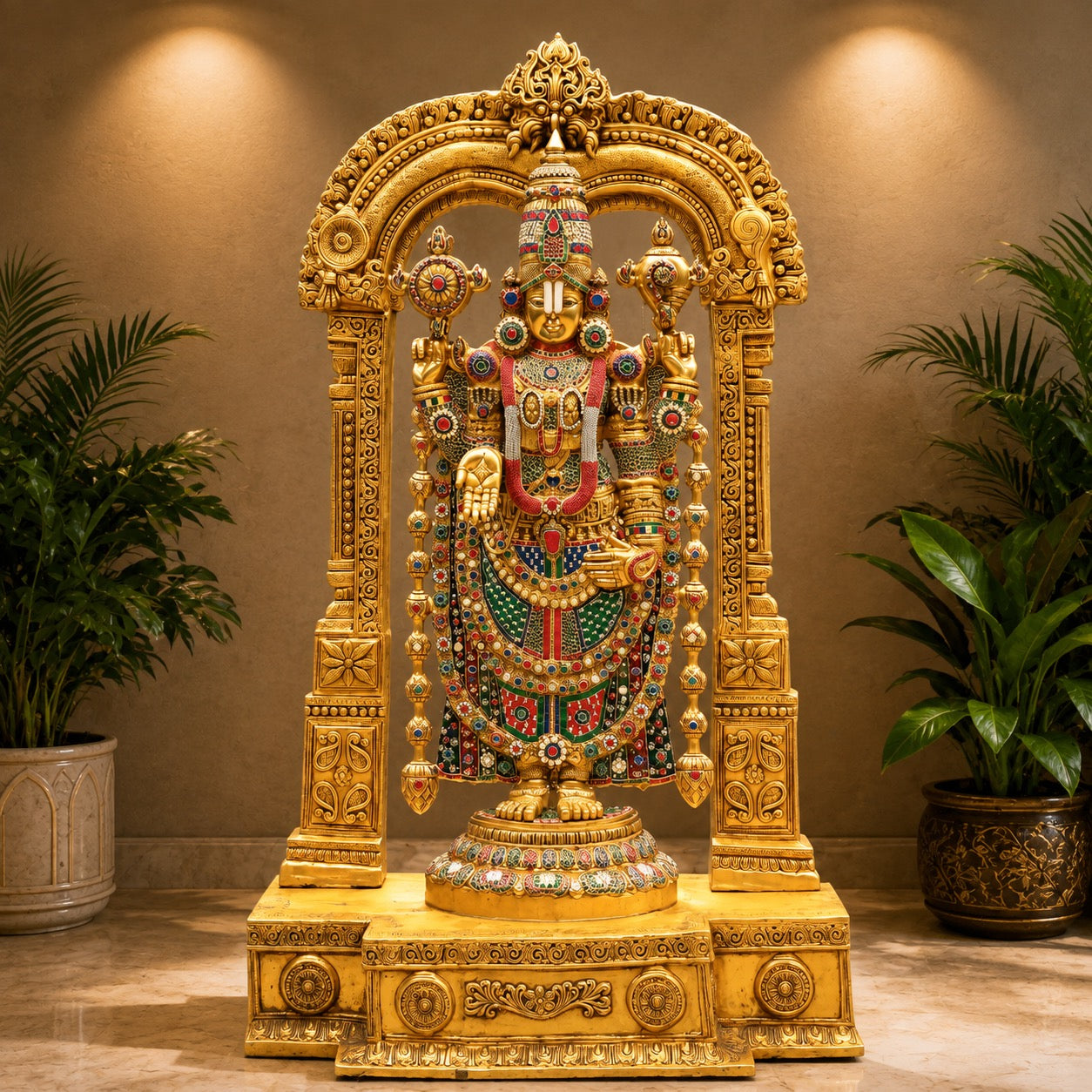 Ornate brass temple idol with colorful jeweled garlands and arched backdrop