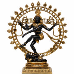 Brass Nataraja Shiva dance statue, black-toned figure mid-dance, gold halo and crown