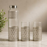 Silver-detailed clear glass bottle with matching textured tumblers (set of 3)