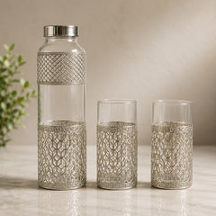 Silver-detailed clear glass bottle with matching textured tumblers (set of 3)
