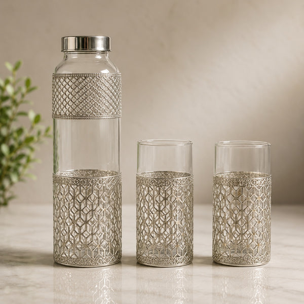 German Silver Glass Bottle Set with Premium Gift Box Packaging | Elegant Glass Bottle Set for Gifting