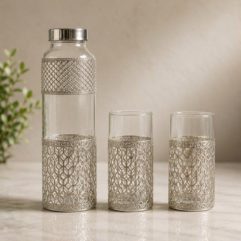 German Silver Glass Bottle Set with Premium Gift Box Packaging | Elegant Glass Bottle Set for Gifting